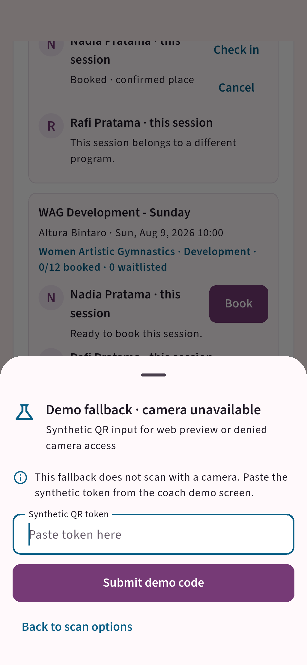 Android review screen showing the QR attendance fallback state