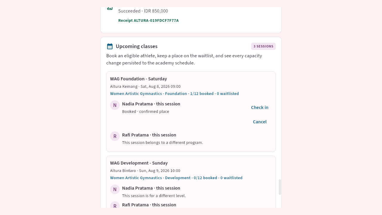 Guardian view showing a confirmed gymnastics booking and check-in action