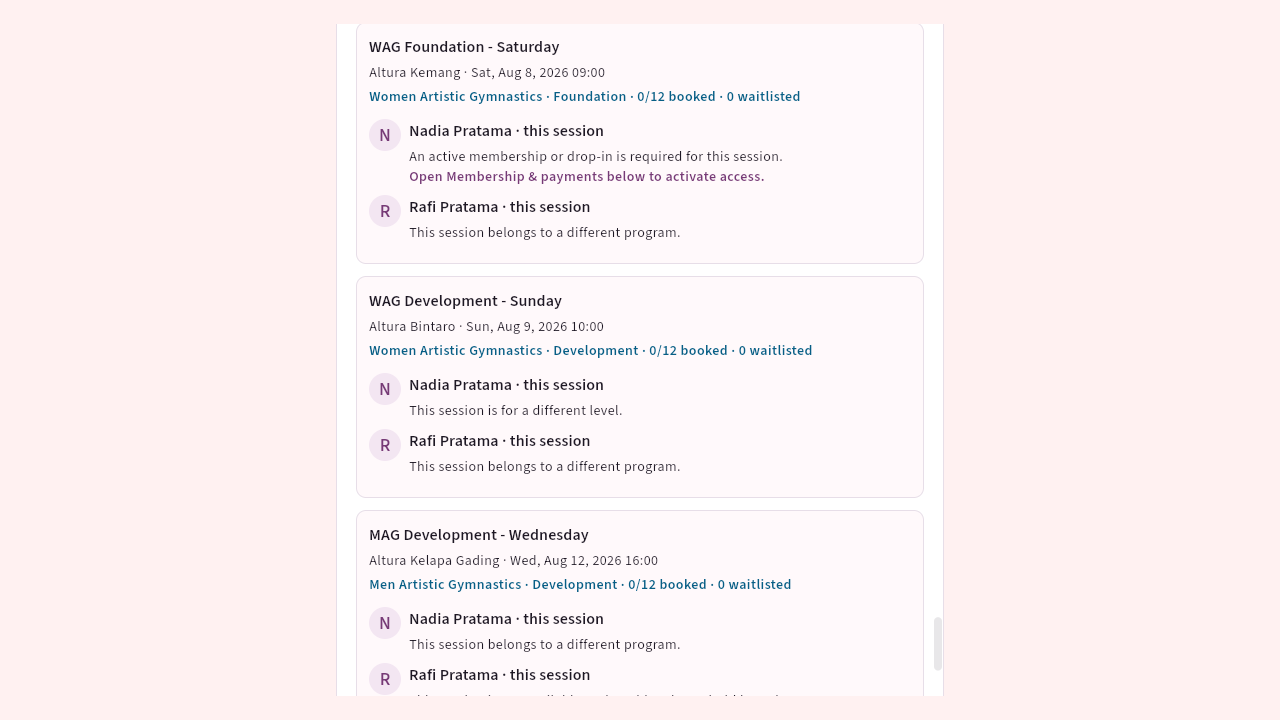 Guardian view showing membership, progress, and upcoming classes