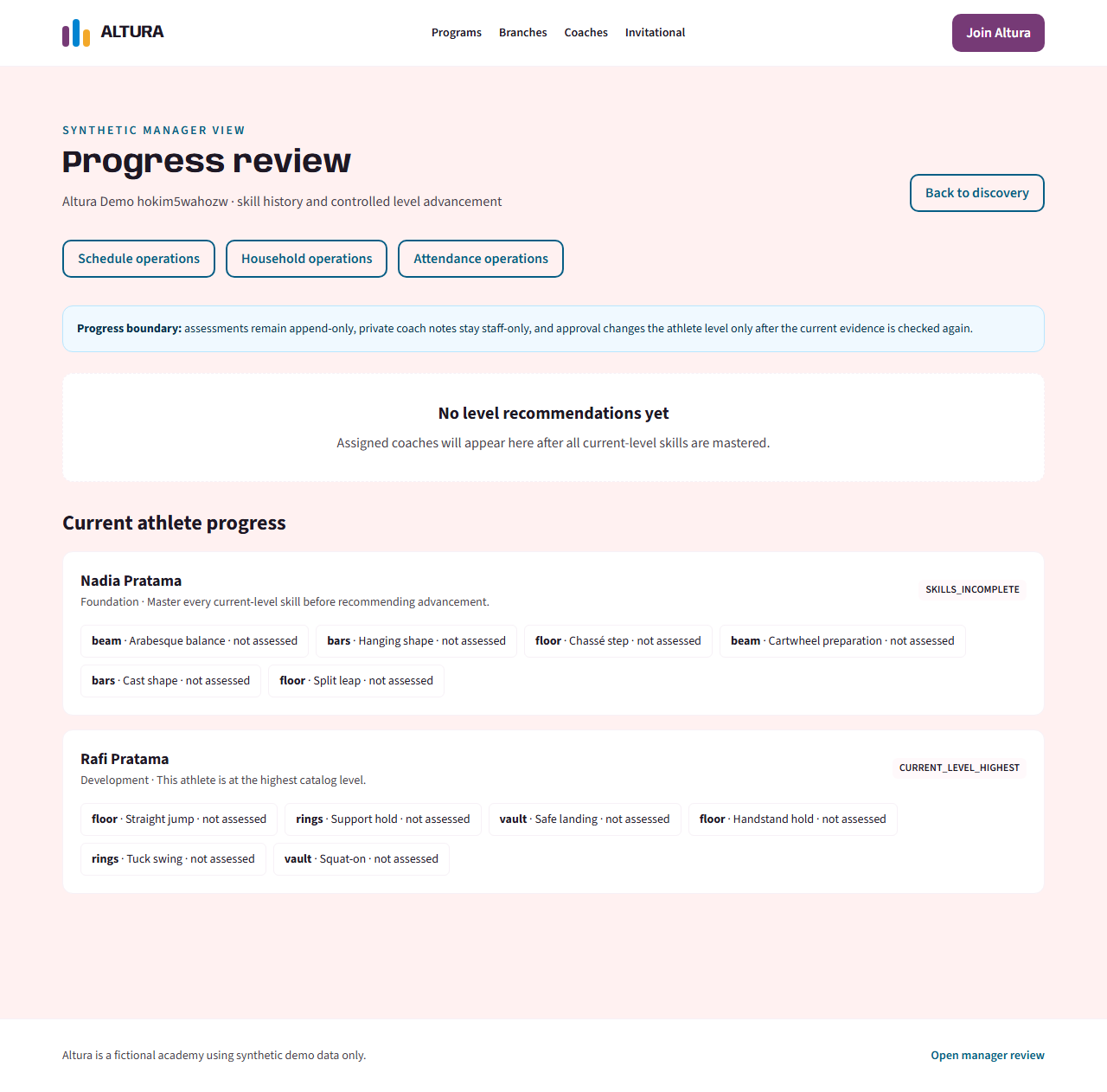 Manager progress review showing an athlete level recommendation